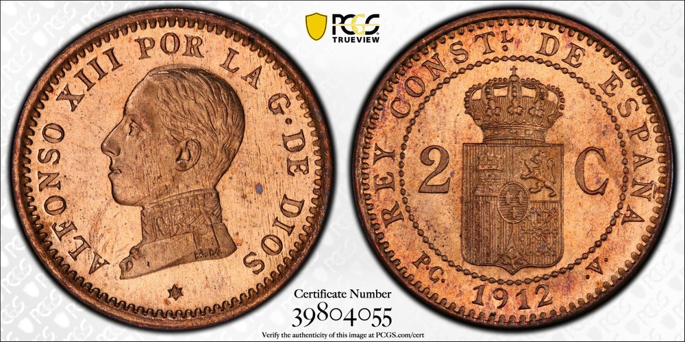 SPAIN 2 CENTIMOS 1912-PC V  PCGS MS 65 RD RARE