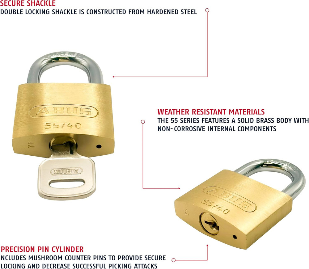 ABUS 55/40 Solid Brass Padlock with Hardened Steel Shackle, Keyed Different