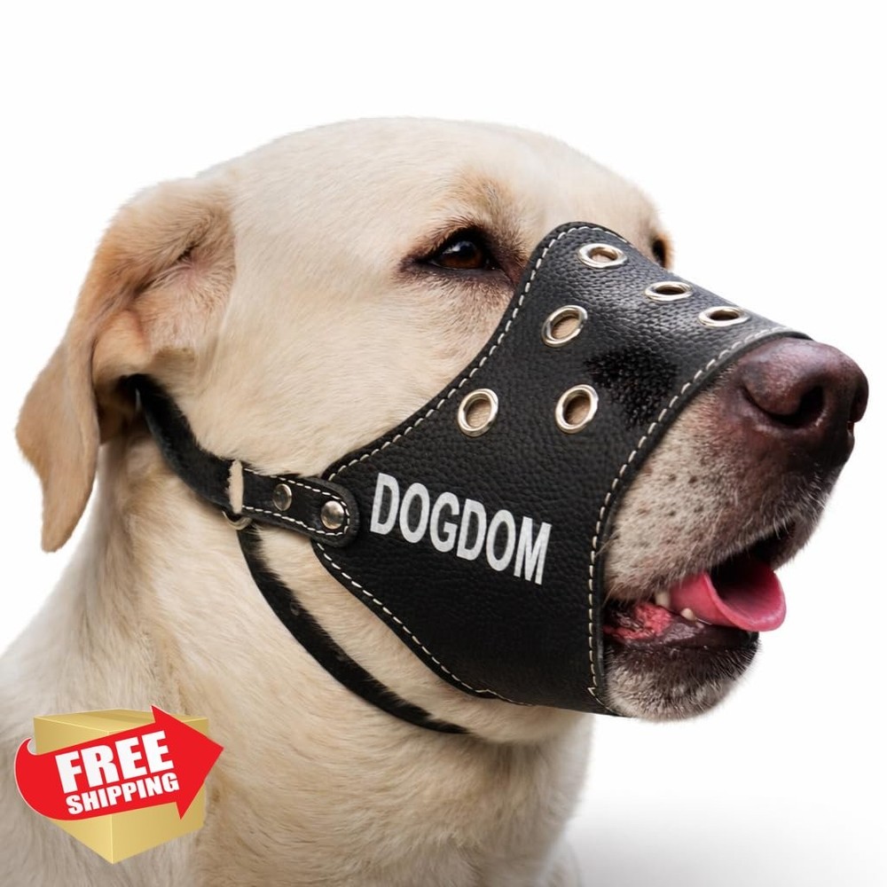 Dogdom Leather Dog Muzzle Black L Adjustable Secure Barking