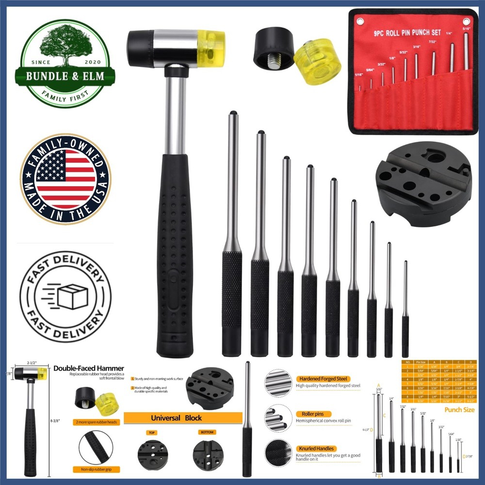 Durable Pin Punch Set with 9 Punches, Block, and Double-Sided Rubber Hammer