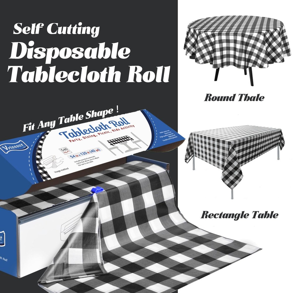Vrisssot Plastic Table Cover 1440" x 54" (Rectangular), Black Checkered