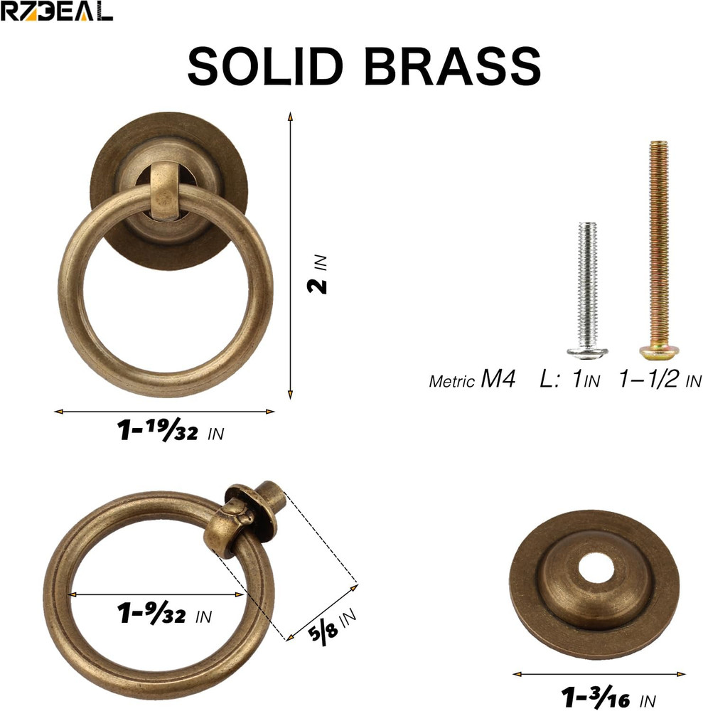 4 Pack Solid Antique Brass Cabinet Pulls Ring Drawer Pulls, Antique Style Kitche