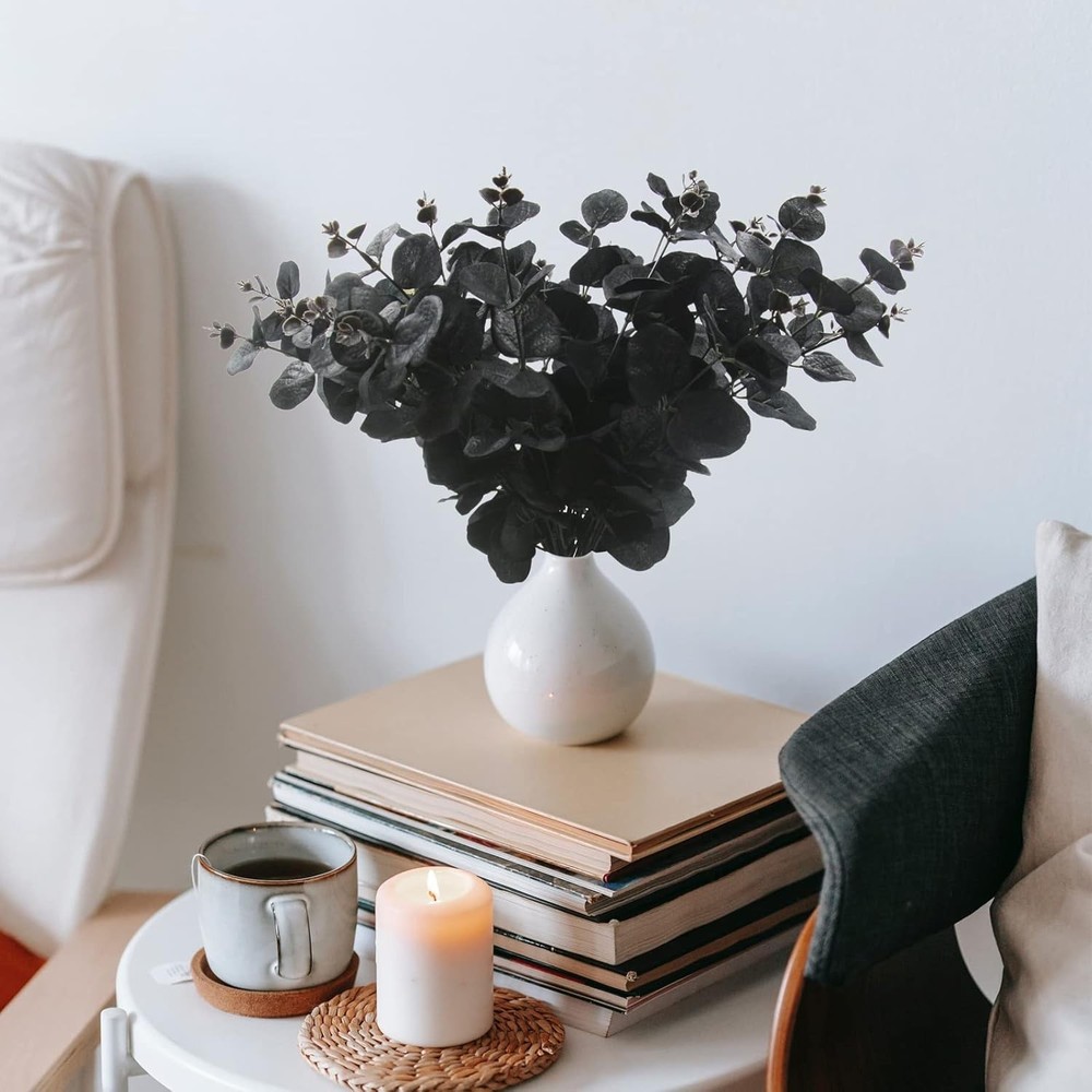 Hananona 6 Pcs Artificial Black Eucalyptus Stems, 14" Leaves