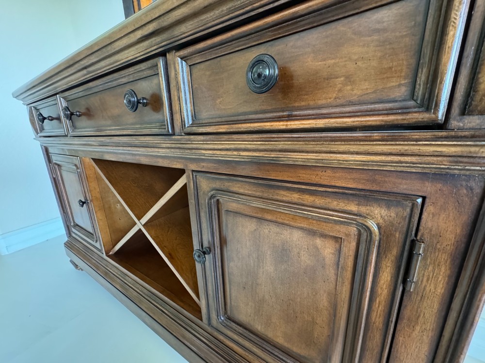 Antique Solid Wood Sideboard Buffet with Wine Rack & Granite Top