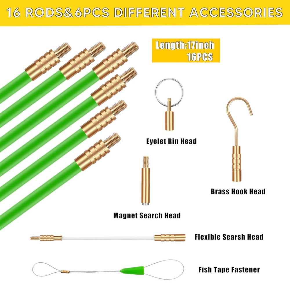 Fiberglass Fish Tape 22FT Electrical Wire Pulling Kit with Attachments for Ca...