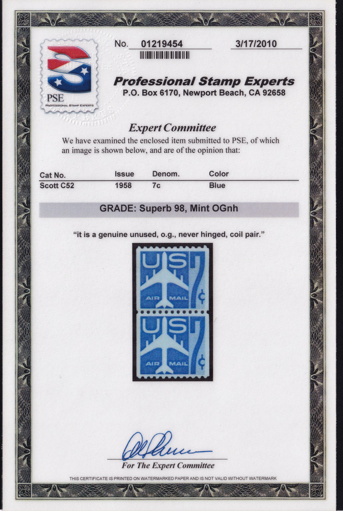 US Scott #C52, PSE Graded 98 Cert, Superb, Mint, OG, Never Hinged, SMQ $135.