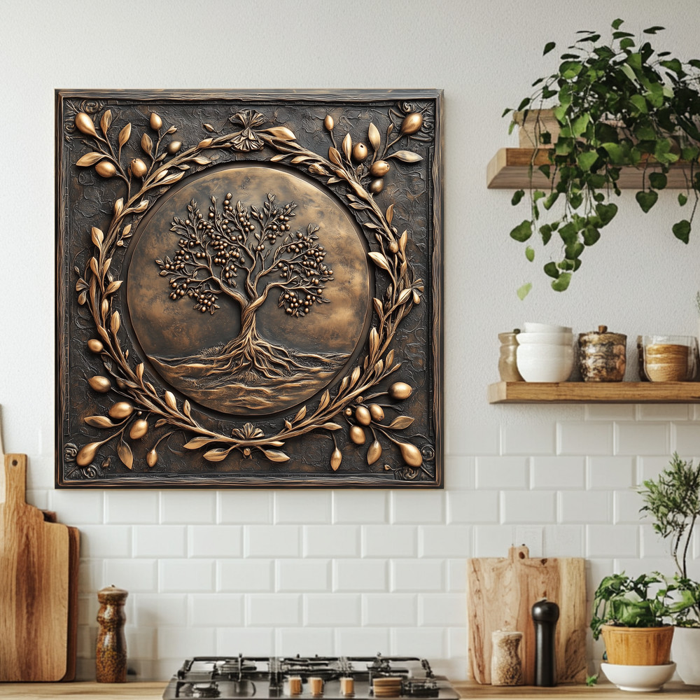 Olive Tree Copper Look Tempered Glass Kitchen Backsplash Panel, Made in USA,