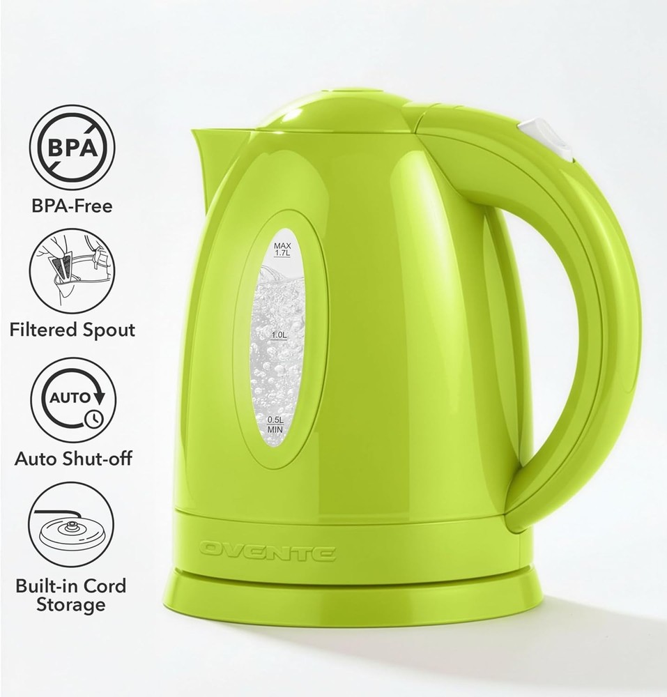 1.7L Fast Boiling Green Electric Kettle with Safety Features & Removable Filter