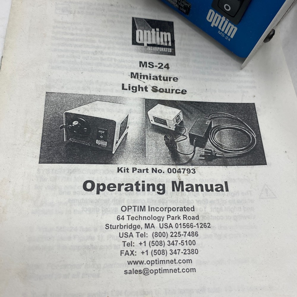 OPTIM INCORPORATED MS-24 MINIATURE LIGHT SOURCE PART NO: 004793 OPERATING MANUEL
