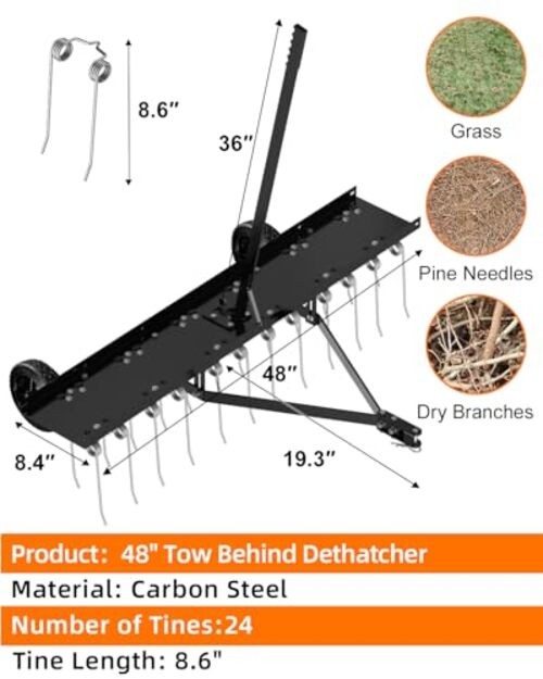 48" Tow Behind Dethatcher, Pull Behind Lawn Dethatcher with 24 Rust Black-48IN