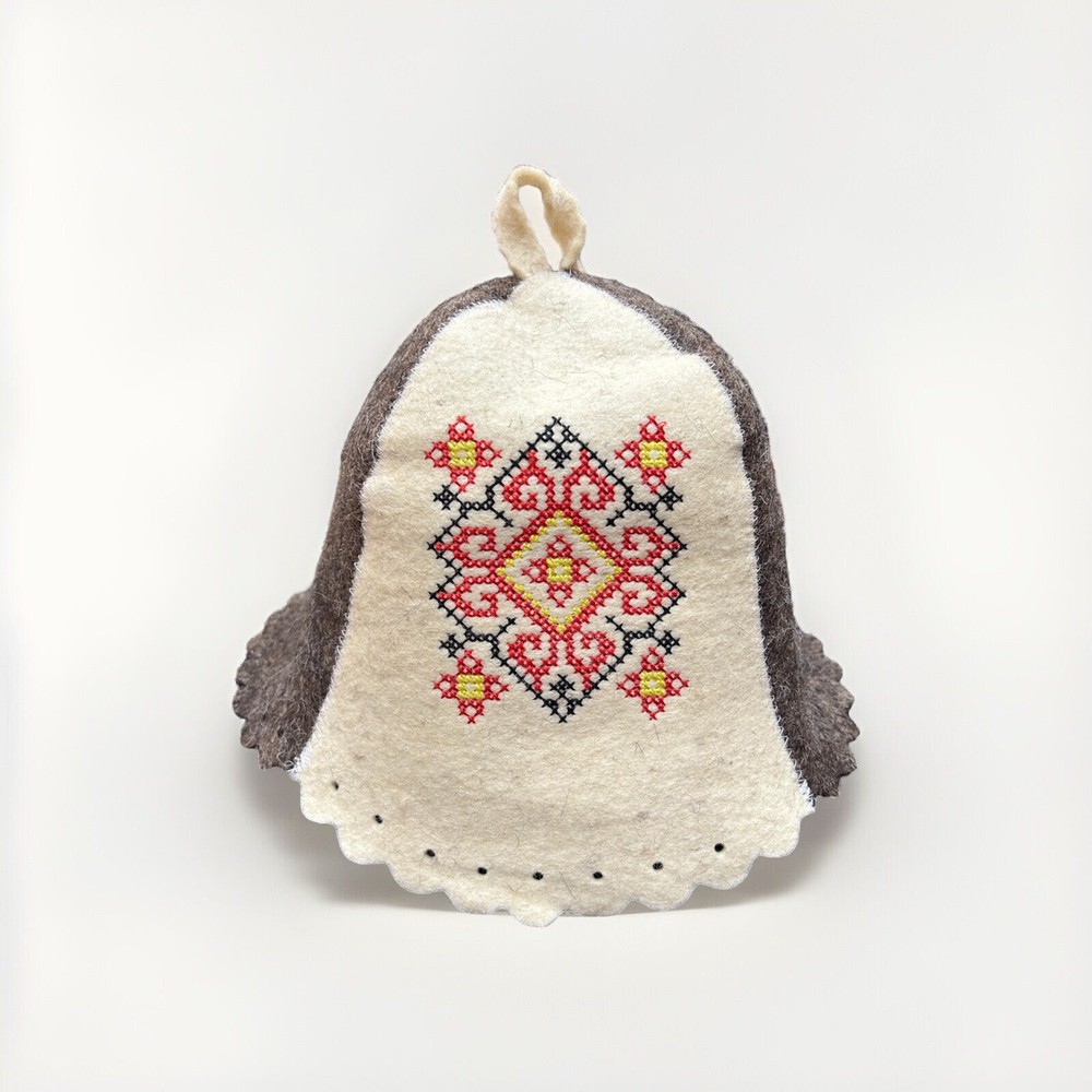 Wool Sauna Hat Bell with Red Embroidered Pattern - Natural Felt Bath Hat