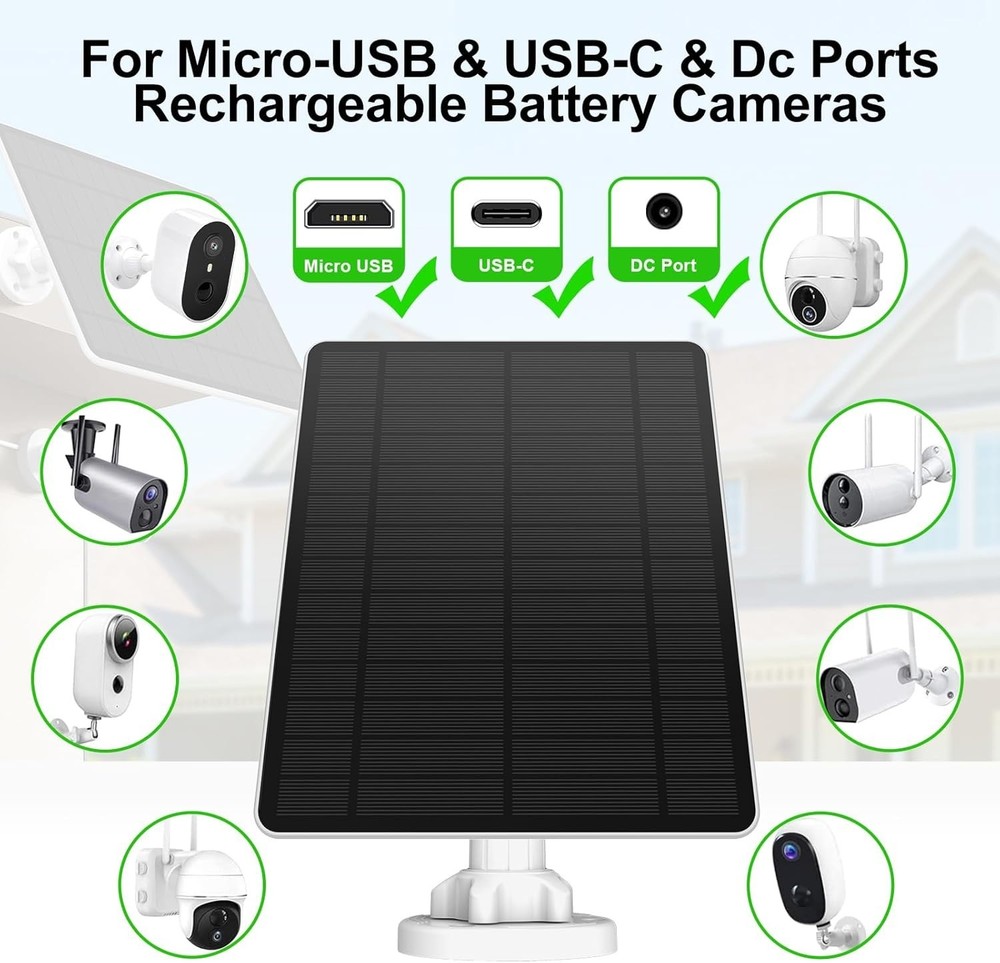 Solar Panel Charger for Security Camera, Type-C Plug, 9.8Ft Long Cable, Water