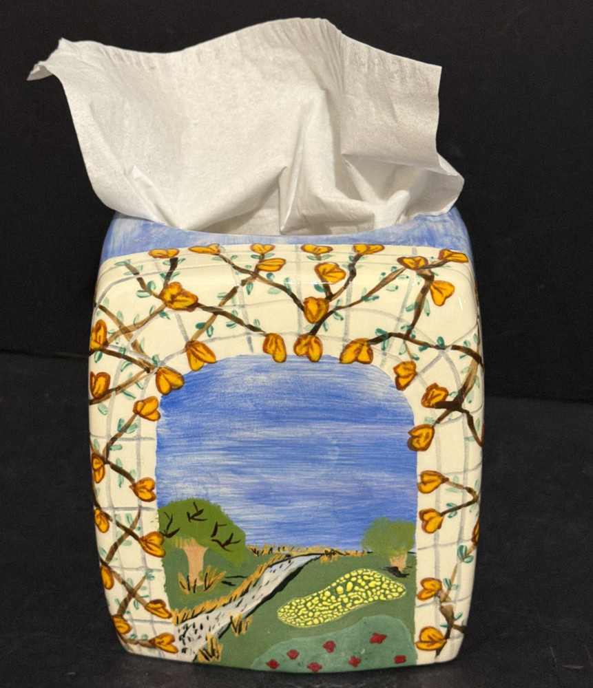 Vintage Ceramic Hand Painted Embossed Tissue Box Cover Signed LB.