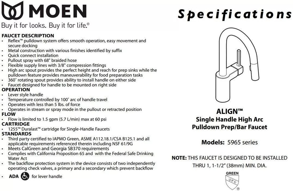 🆕 Moen 5965SRS ALIGN Pull-Down Reflex Kitchen Bar Prep Faucet - Stainless $529