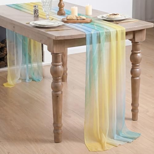 Boho Gradient Yellow Blue Stripes Spring Chiffon Table 28" x 120" Yellow/Blue