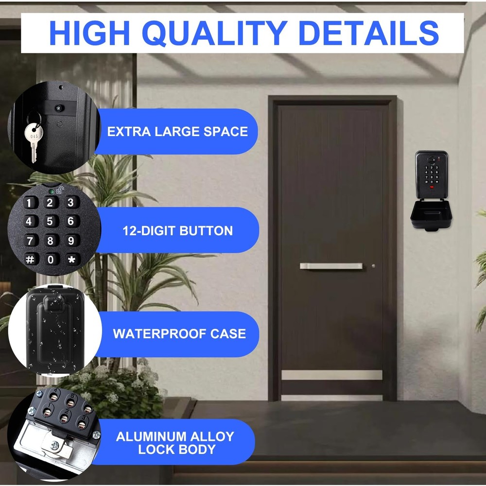 Key Lock Box, 12-Digit Code, Weatherproof Wall Mount, Large Capacity 5-8 Keys...