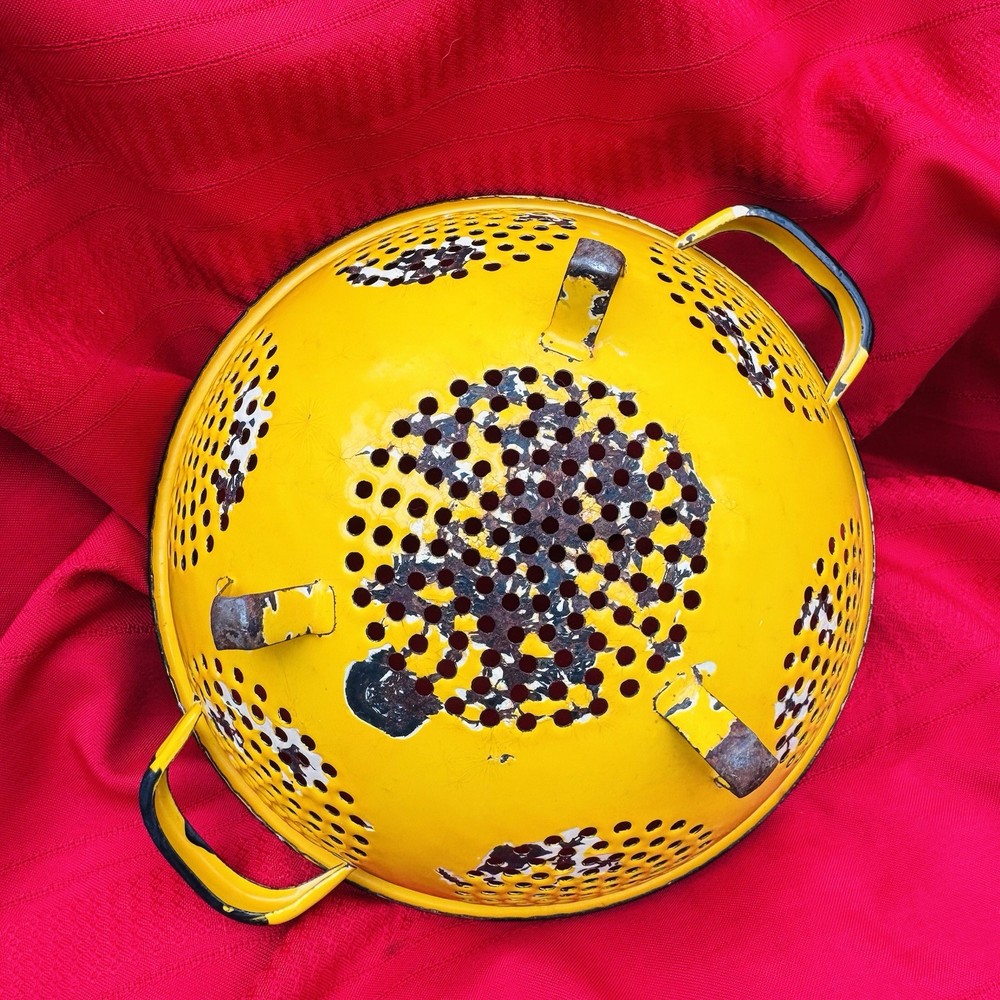 Vintage 9” Yellow & Black Enamelware Strainer Colander