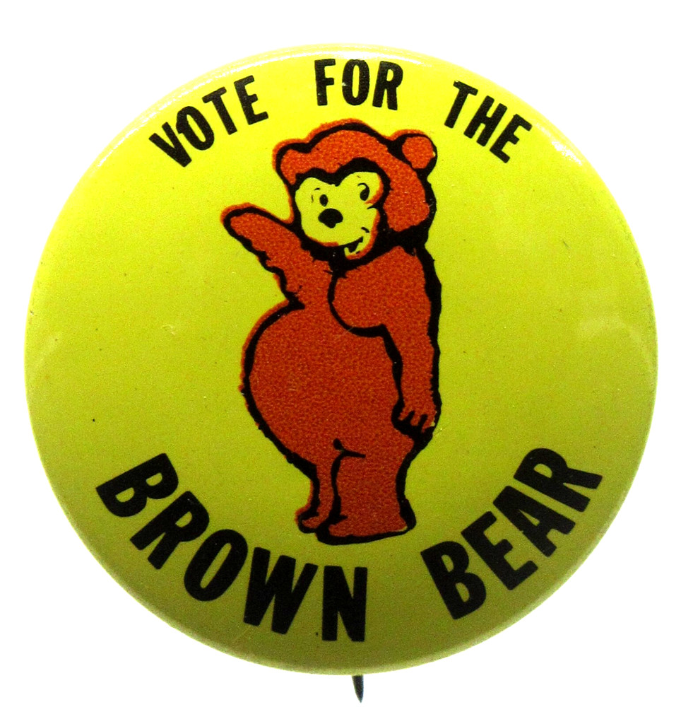 VOTE FOR THE BROWN BEAR 1" tin litho pinback button ^