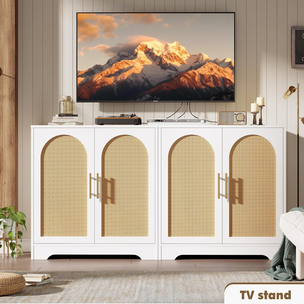 30" White Sideboard Buffet Cabinet with Rattan Doors & Large Storage Console