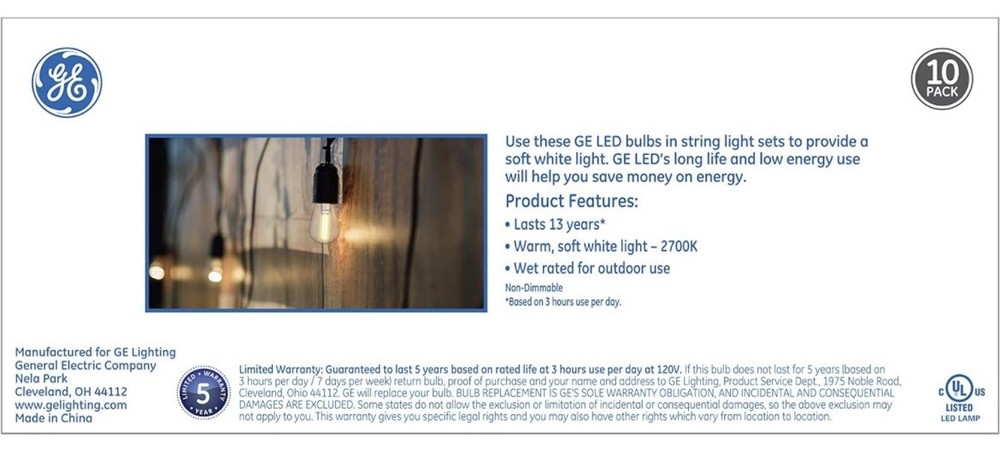 10 Pack GE LED 1Watt Soft White String Light Replacement S14 Outdoor Bulbs