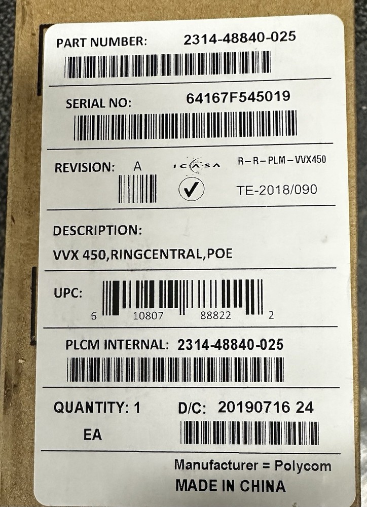 Polycom Ringcentral VVX 450 2314-4880-025 New