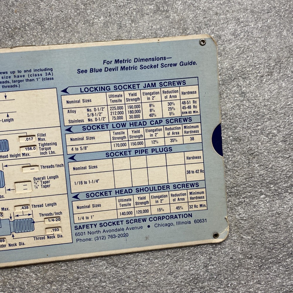 Blue Devil Socket Screw Guide Slide Chart, 1979