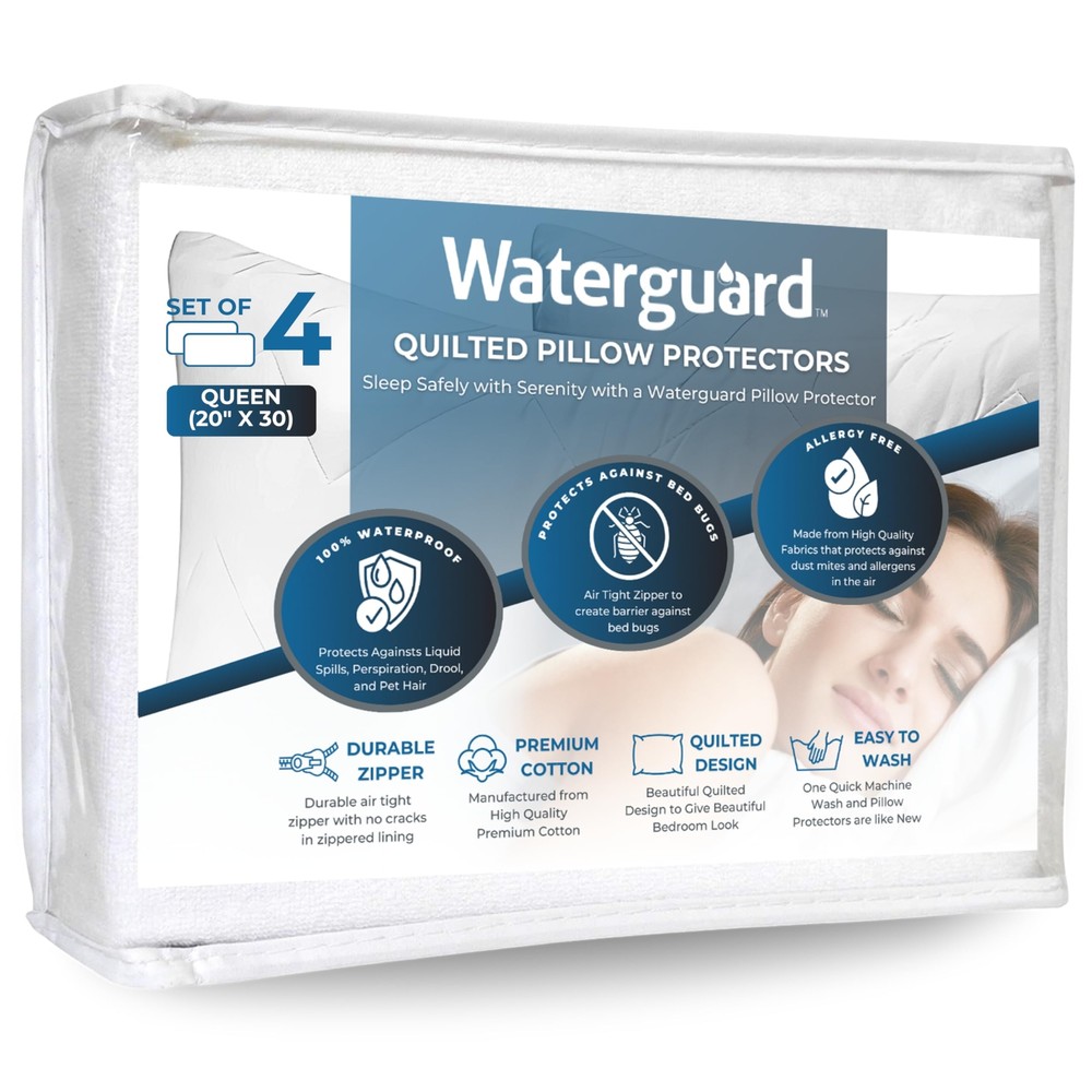 Quilted Pillow Protector - Waterproof and Bed Bug Proof Zippered Pillow Prote...