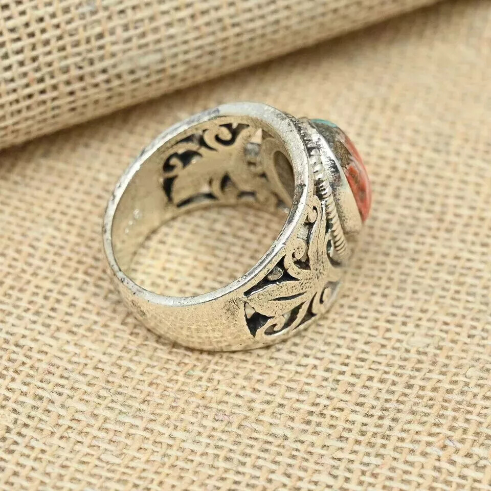 Boho Oyster Turquoise Gemstone Ring 925 Sterling Silver Men's Ring All Size D61