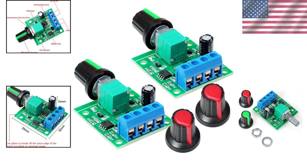 2pcs Adjustable DC Motor Speed Controller with Duty Cycle Control - Green LED