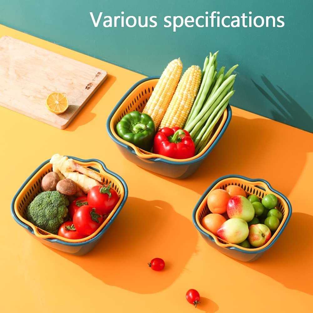 Blue Yellow Vegetable Washing Baskets Multi-Layer Stackable Colander Set Tool