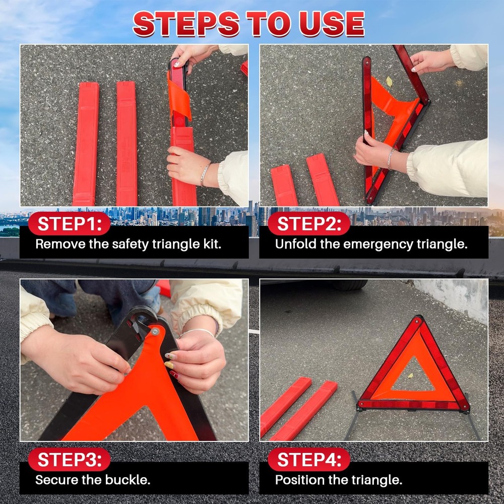 3 Pack Reflective Warning Triangles, Foldable Roadside Emergency Safety Kit...