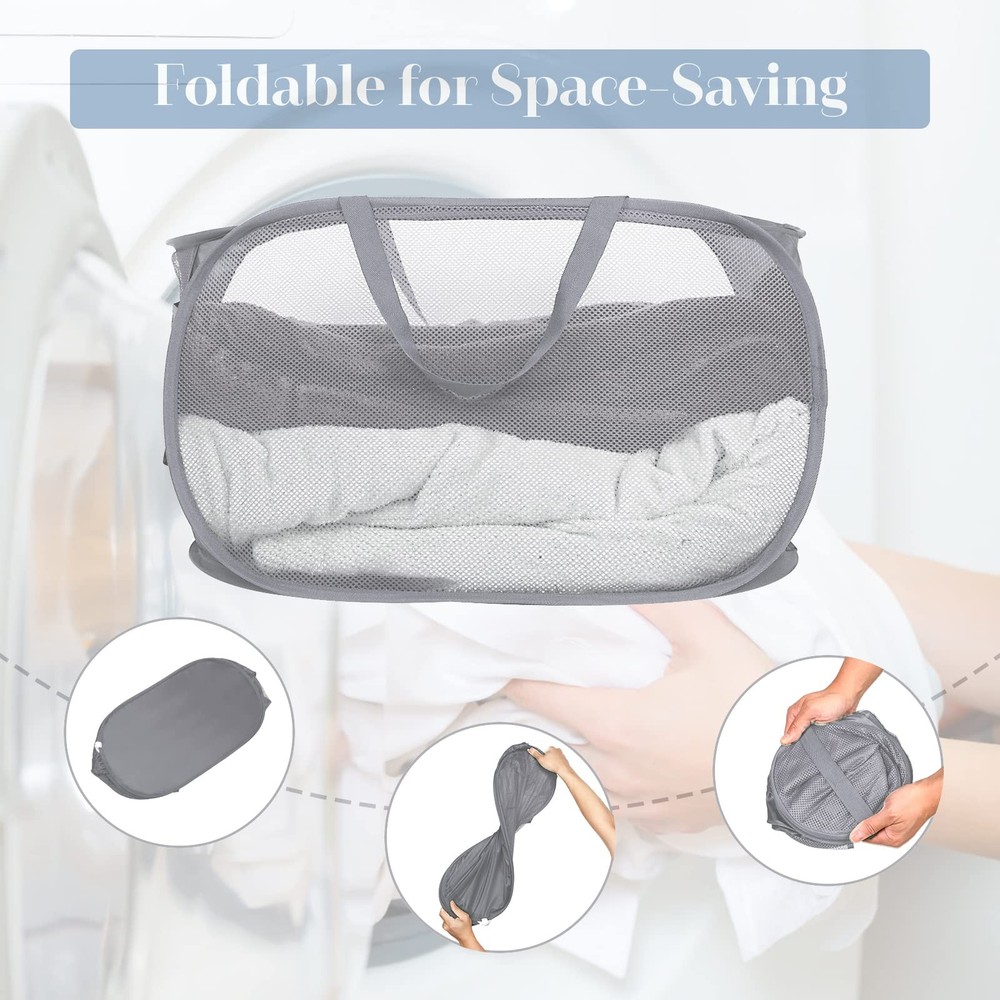 4 Pack Grey Collapsible Laundry Baskets, Foldable Pop Up Hampers, Handles