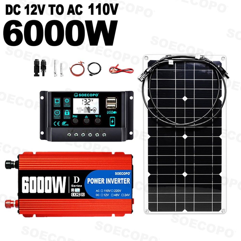 SOECOPO 6000W Solar System Kit Flexible Panel 100A Controller, 12V DC to 110V