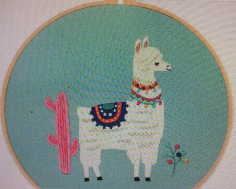 Cactus, Llama, Flowers Embroidery Kit For Beginners Blue