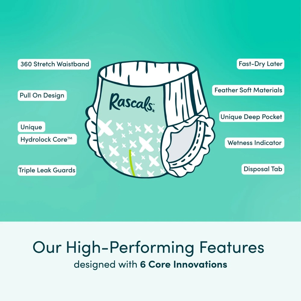 Rascals Premium 360 Absorbent Pull-On Diapers, Size 4, 60 Count