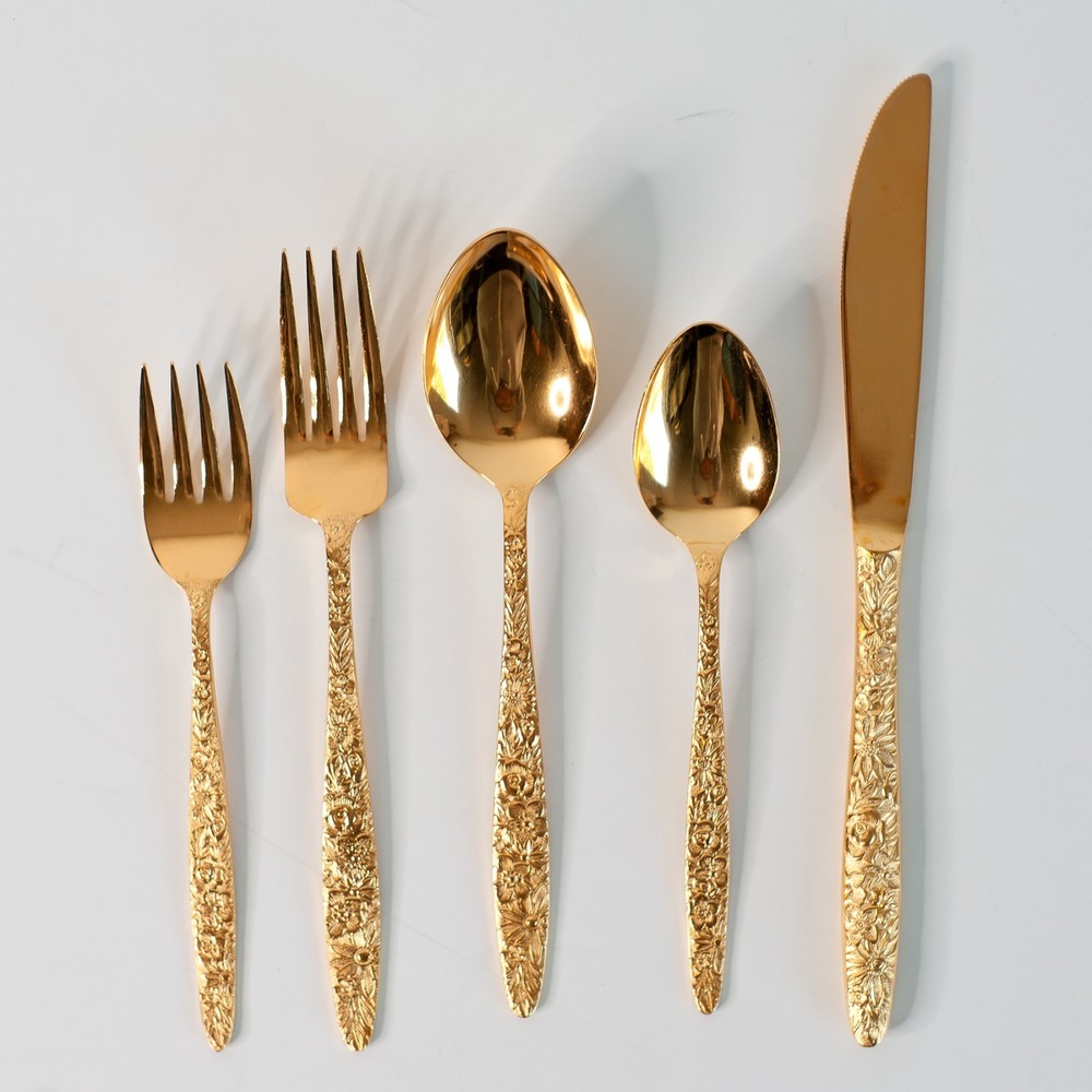 5 Pc 1 Place Setting Gold Electroplatae Flatware Golden Rose Pattern Unbranded