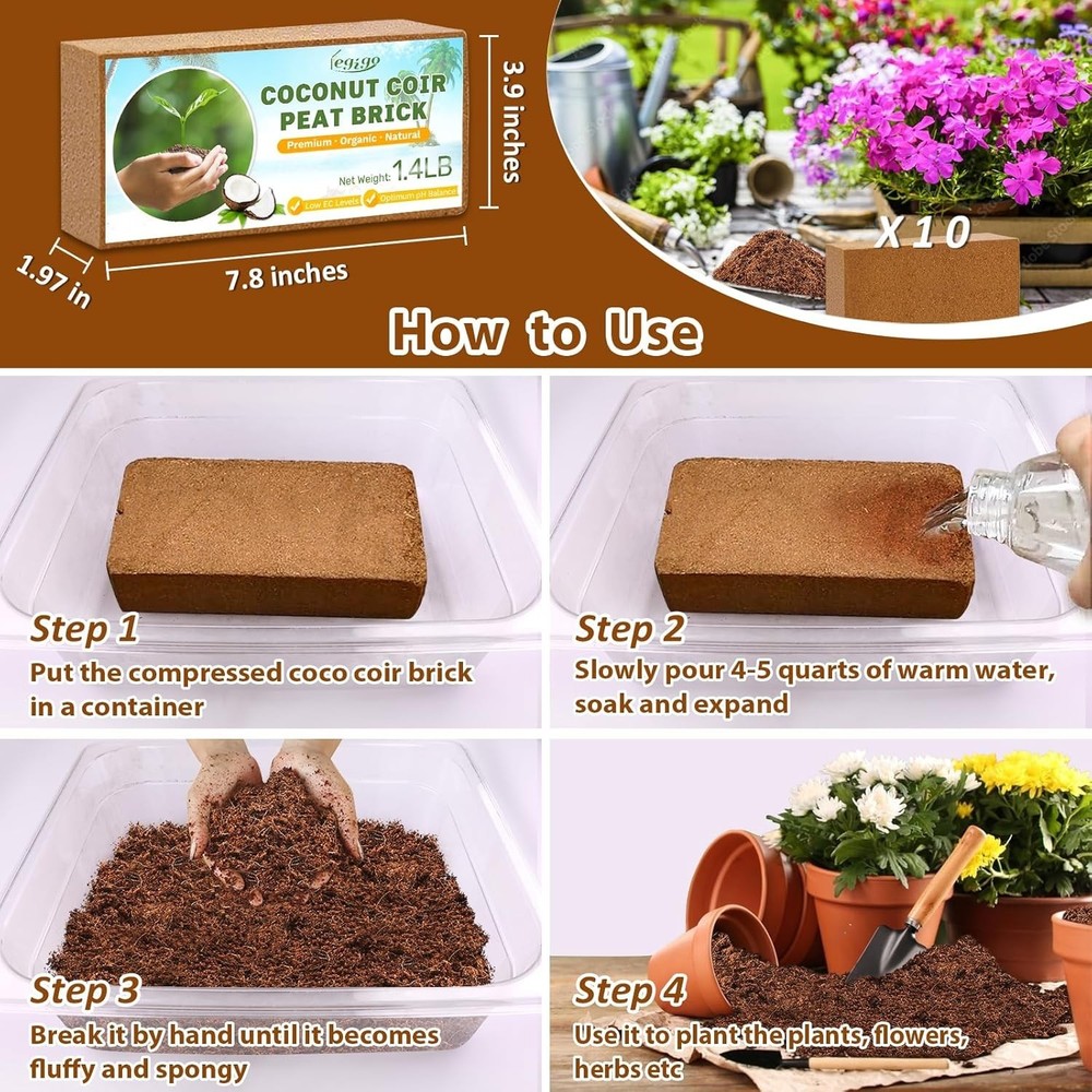 10 Pack Organic Coco Coir Bricks 100% Natural Compressed Coconut Fiber Soil