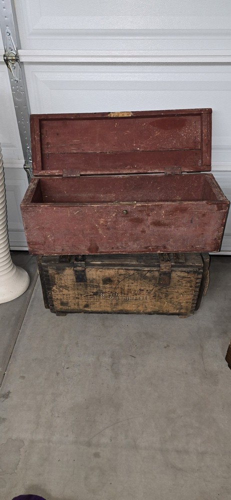 Antique Wooden Rectangular Chest Brown and Red Fully Assembled with Hinged Lid