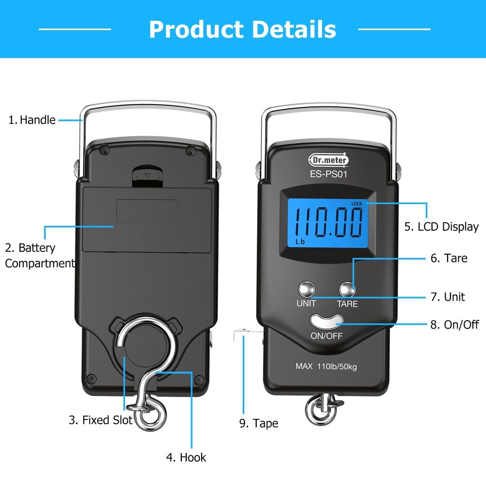 Dr.meter Fish Scale 110lb Digital Backlit LCD
