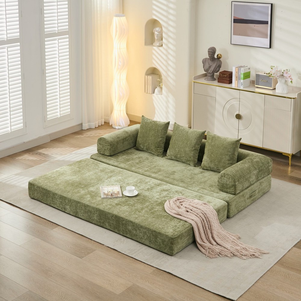 Multi-Functional Floor Sofa Convertible Folding Chenille Bed Sofa Couch Green