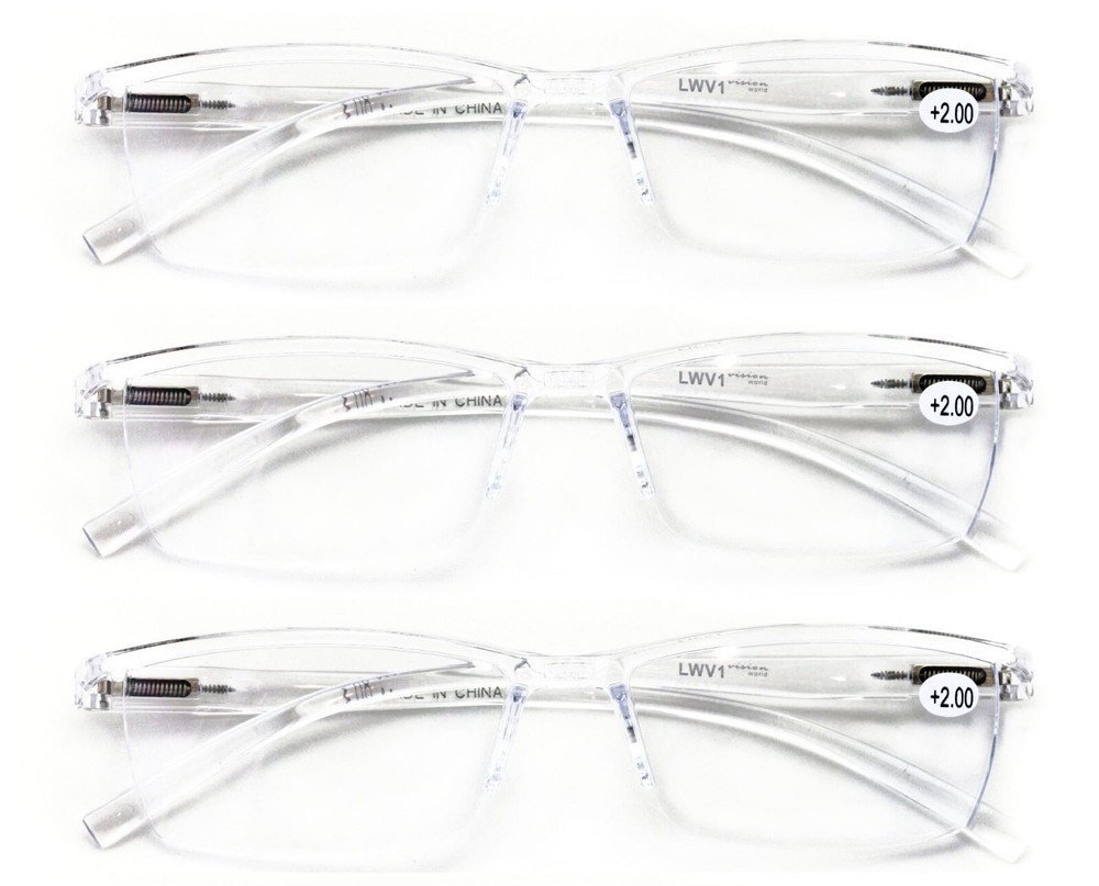 3 Pairs Lightweight Transparent Clear Lens Rectangular Readers with Spring Hinge