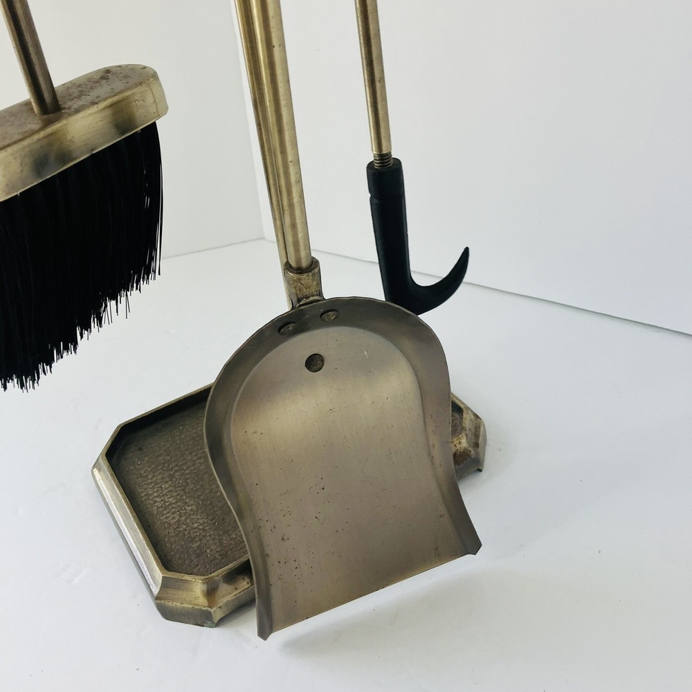 Vintage Solid Hammered Brass 3 Piece Fireplace Tool Set w/ Stand Bronze Metallic