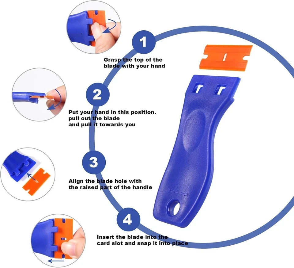 4 PCS Plastic Razor Blade Scraper and 120 Blades, Blue