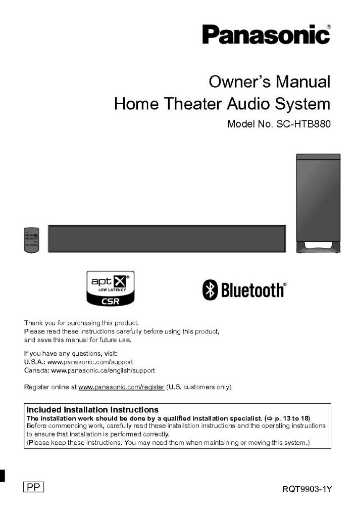 Panasonic SC-HTB880 Home Theater System Owners Instruction Manual
