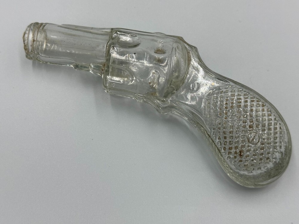 Antique GUN Medium Round Grip Figural Glass CANDY CONTAINER A&E 282
