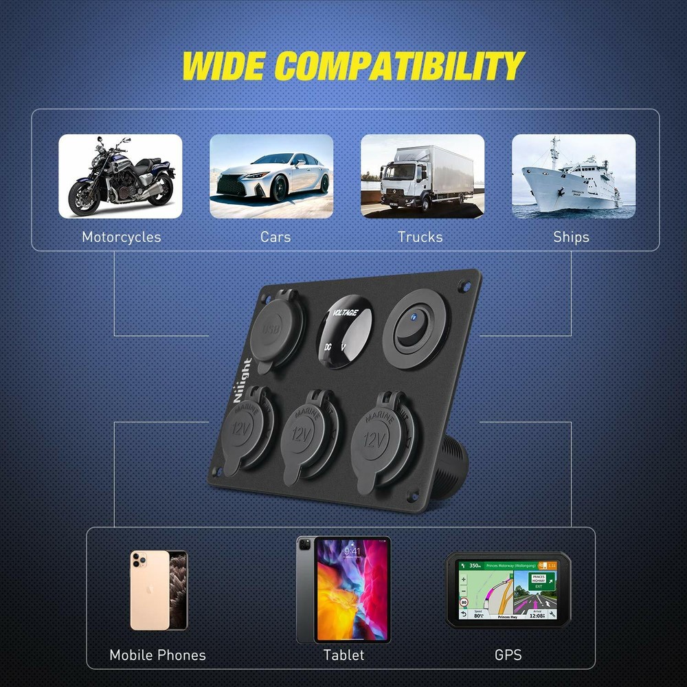 Nilight Cigarette Socket Panel Lighter Adapter w/ Dual USB Charger LED Voltmeter