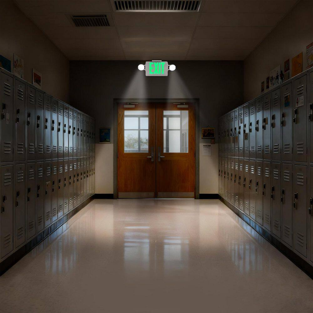 Modern LED Exit and Emergency Combo Light, 2 Adjustable Heads with Green Letters