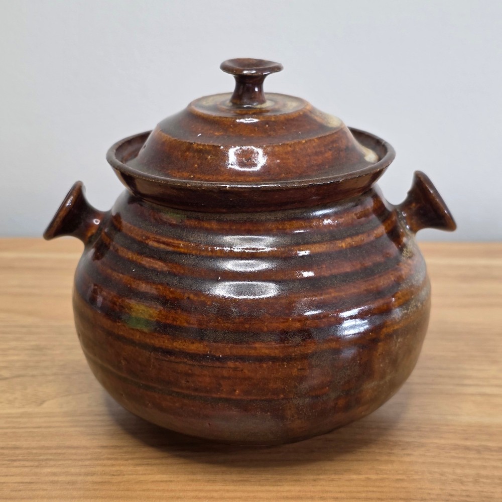 Vintage Pot with Lid Handcrafted Rustic Brown Ceramic Kitchenware