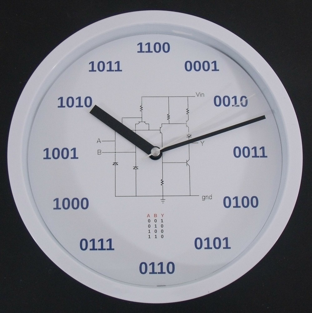 Geek Clock Analog Clock with binary numbers, NAND circuit, truth table