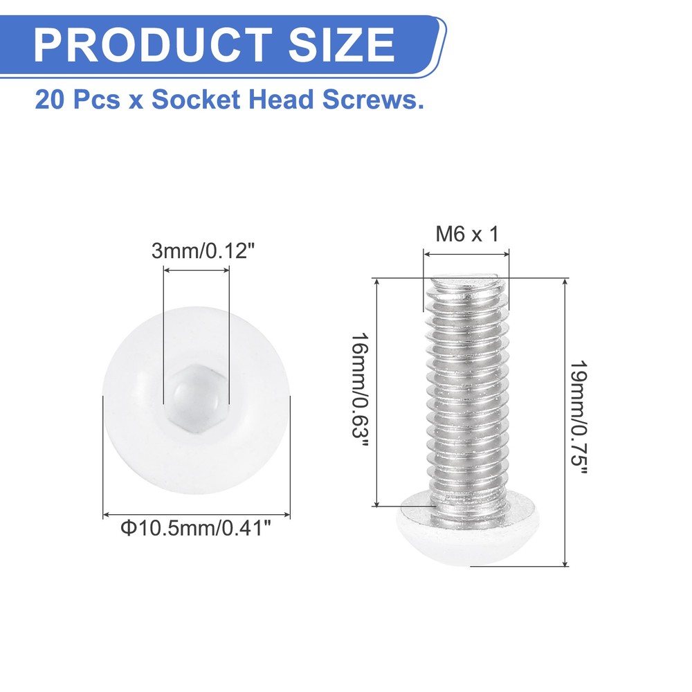 20 Pcs M6-1 x 16mm Button Head Socket Cap Screw Machine Screw, White